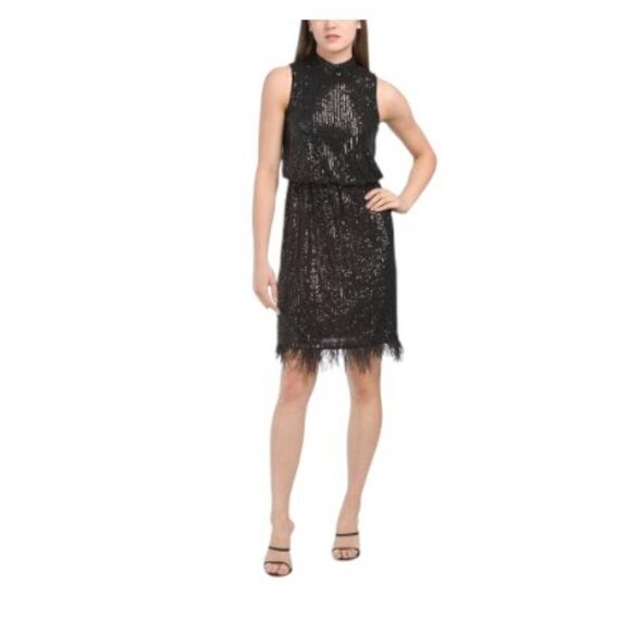Nanette Lepore Womens Black High Neck Feather Trim Sequined Dress Sz 12 NWT - Picture 1 of 9